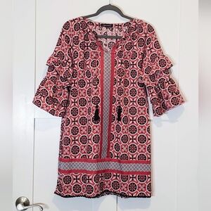 Simply Southern Boho Mini Dress Tiered Bell Sleeves Tassels Coral Black Sz Small